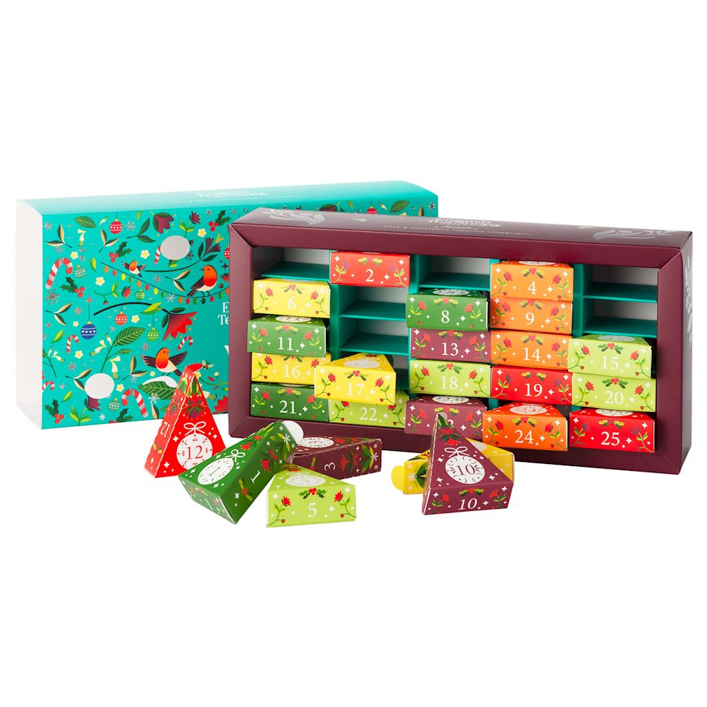 Bio Tees Brust-Adventskalender mit 13 Geschmacksrichtungen, 25 Teebeutel à 2 g, im Pyramiden-Design, saisonales Produkt
