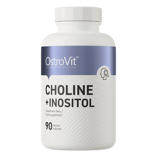 OstroVit Cholin + Inositol Tabletten, 90 Stück, Nahaufnahme der Verpackung und Tabletten auf weißem Hintergrund