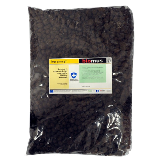 Blähtonsack 5L von BIOMUS, biologischer Blähgranulat-Sack, zeigt den geöffneten Beutel mit Bio-Substrat und Blähtons.