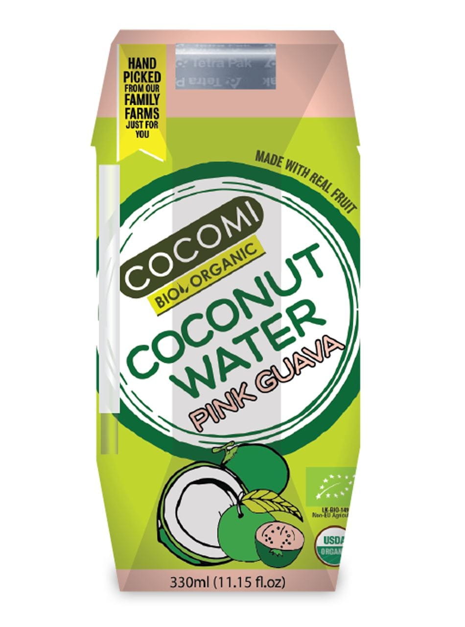 Bio Kokoswasser mit Guavengeschmack von COCOMI, 330 ml, zeigt die klare Flasche mit frischem Kokoswasser und Guavenstücken.