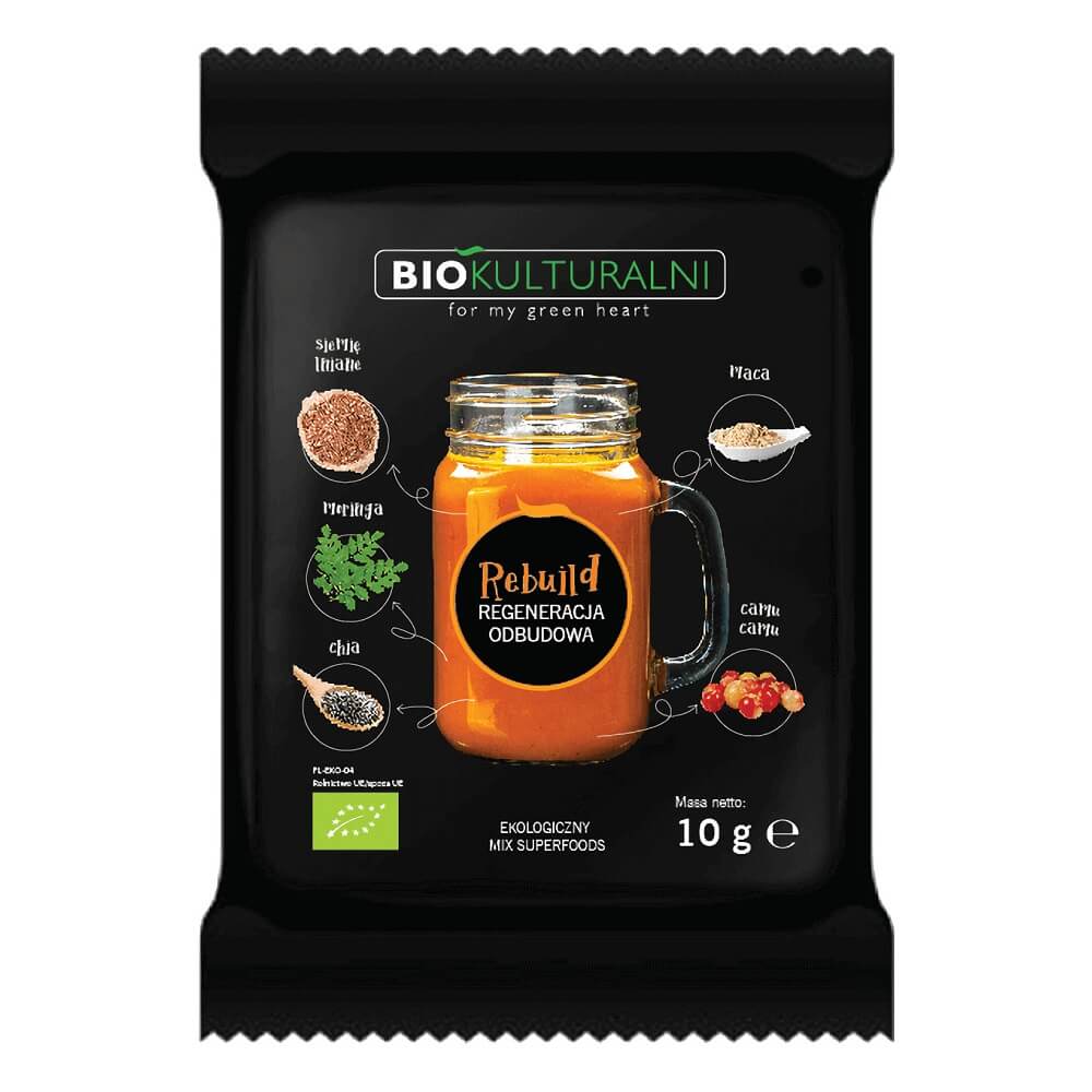Mischung aus Superfoods Wiederaufbau BIOKULTURALNI, Bio-Produkt, 10 g, mit bunten getrockneten Superfood-Extrakten in Packung