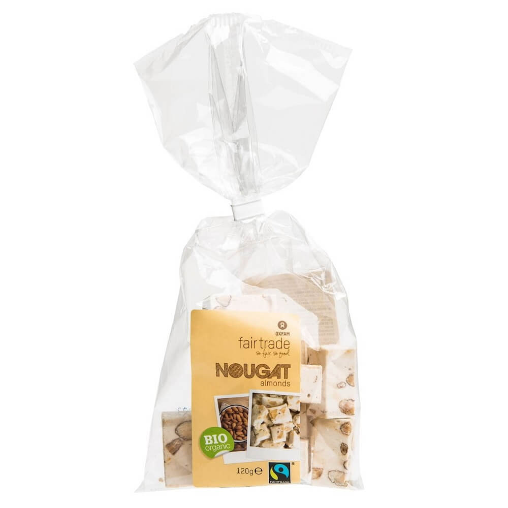 Mandelnougat Stücke von OXFAM, fair gehandelt, BIO, 120 g, cremiger Nuss-Nougat mit Mandeln in goldener Verpackung.