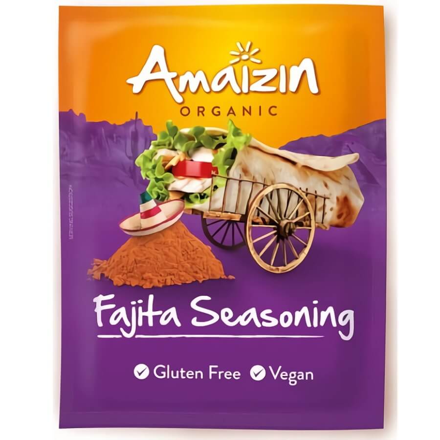 Mexikanisches Fajita-Pulver von AMAIZIN, glutenfrei, biologisch, in 27 g Verpackung, würzt mexikanische Gerichte.