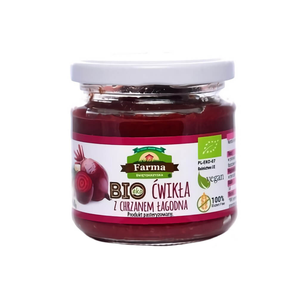 Rote Bete mit Meerrettich von FARMA ŚWIĘTOKRZYSKA in Glas, glutenfrei, BIO, würzige Beilage, 160 g