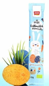 Milchschokolade Hasenlutscher von ROSENGARTEN, 15 g, mit freundlichem Hasenmotiv, ideal für Kinder, auf weißem Hintergrund.