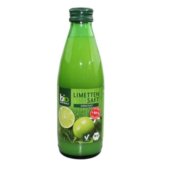Limettensaft 100% aus biologischer Produktion, 250ml Flasche, BIO-ZENTRALE, frischer grüner Limettensaft in Flasche sichtbar