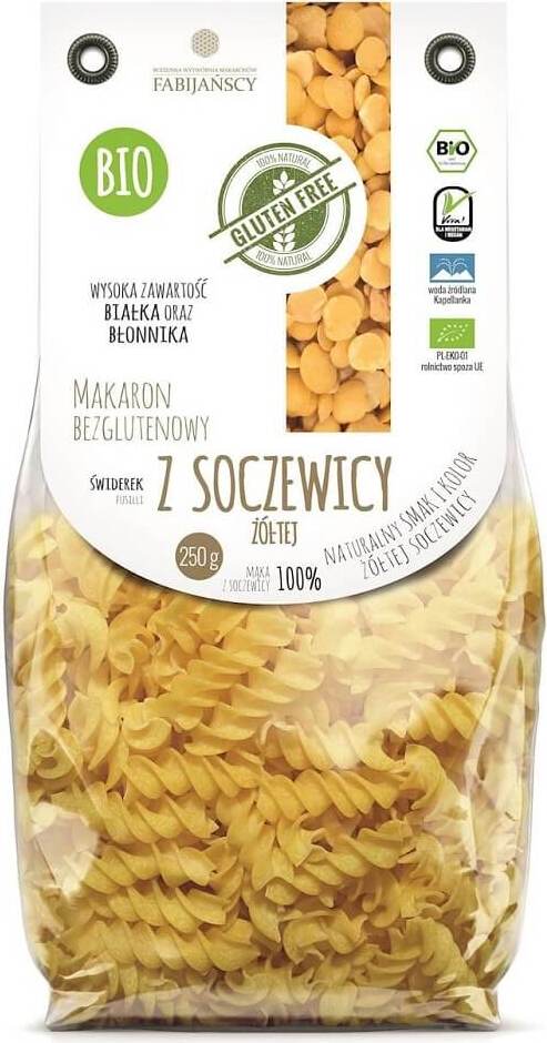 Gelbe Linsen Fusilli Nudeln von FABIJAŃSCY, glutenfrei, BIO, 250 g, rotes Nudelpasta-Produkt auf weißem Hintergrund