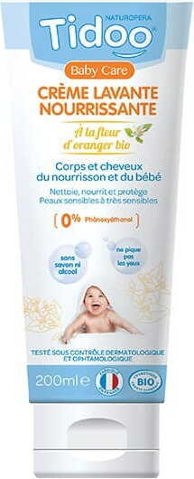 Sanfte TIDOO Körper- und Haarreinigungscreme für Babys und Kinder mit Öko-Orangenblüte, 200 ml Flasche.