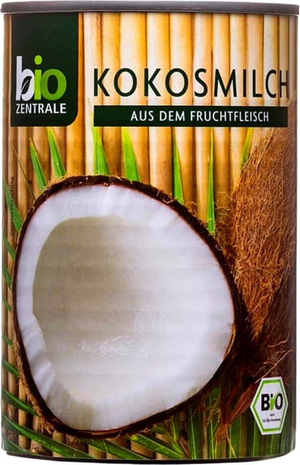 Bio-Kokosmilch in 400ml Eco-Verpackung von BIO-ZENTRALE, cremige Kokosmilch in Dose, ideal für Kochen und Backen.
