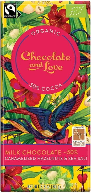 Schweizer Milchschokolade von Chocolate and Love mit karamellisierten Haselnüssen und Meersalz, fair gehandelt, BIO, 80 g