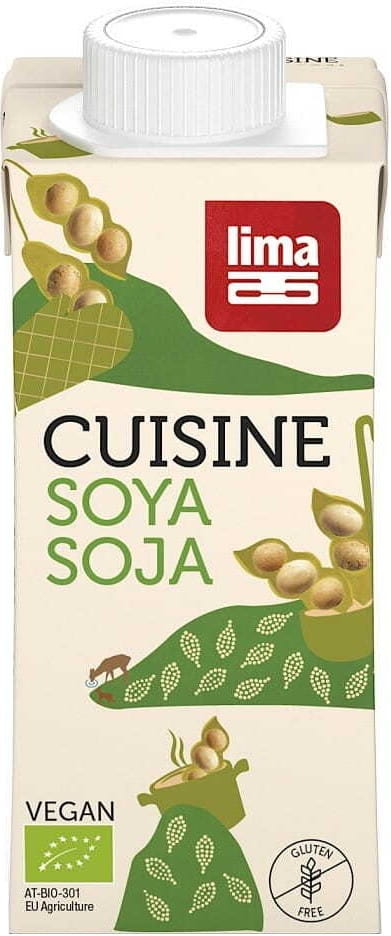 Glutenfreies Bio-Sojaprodukt von LIMA in 200 ml Flasche, konzentriert und vielseitig verwendbar, auf weißem Hintergrund.