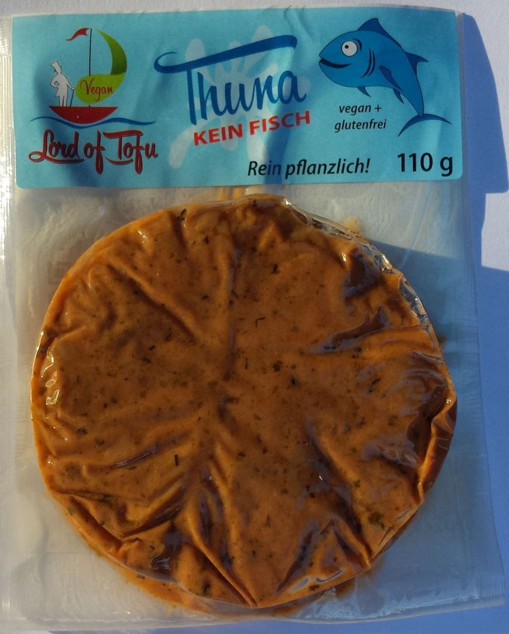 Veganer glutenfreier Thunfisch aus BIO-Zutaten von LORD OF TOFU, 110 g, in einer Dose mit grüner Verpackung.