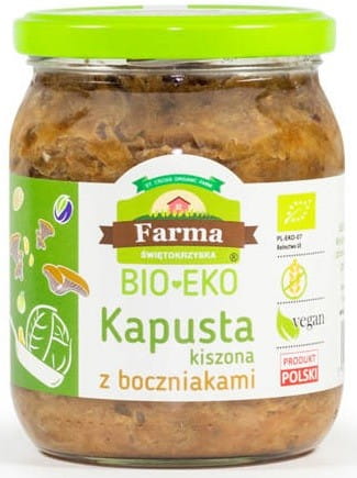Glutenfreies BIO-Sauerkraut mit Austernpilzen von FARMA ŚWIĘTOKRZYSKA, 420 g, frischer, naturbelassener fermentierter Sauerkraut.