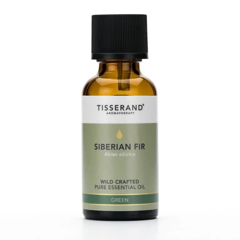 Sibirische Tanne wild gezüchtetes Tannennadelöl in 30 ml Flasche, TISSERAND AROMATHERAPY, Nahaufnahme der Flasche und Nadelzweige