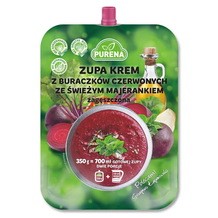 Rote-Bete-Creme-Suppe mit frischem Majoran in 350g Packung, cremig und aromatisch von PURENA.