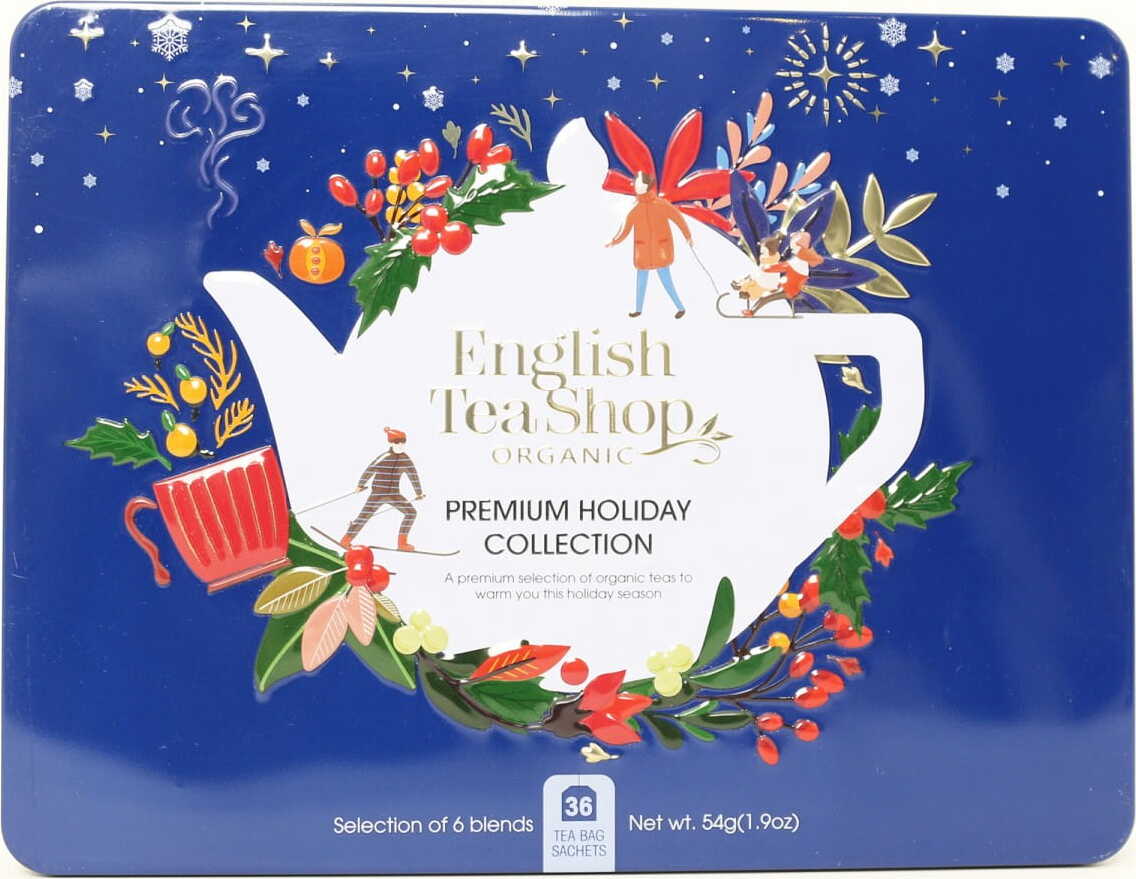 Eine Sammlung von Weihnachtstees in einer Metalldose Kobalt 6 Geschmacksrichtungen BIO - 36 Teebeutel ENGLISH TEA SHOP