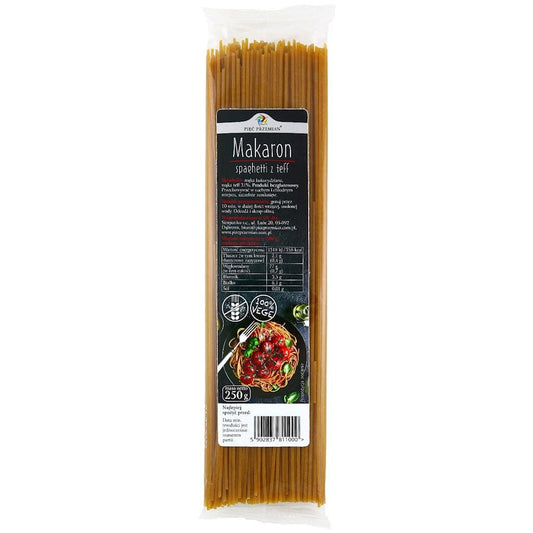 Glutenfreie Spaghetti mit Teff von PIĘĆ PRZEMIAN, 250g, trockene Pasta in einer Packung.