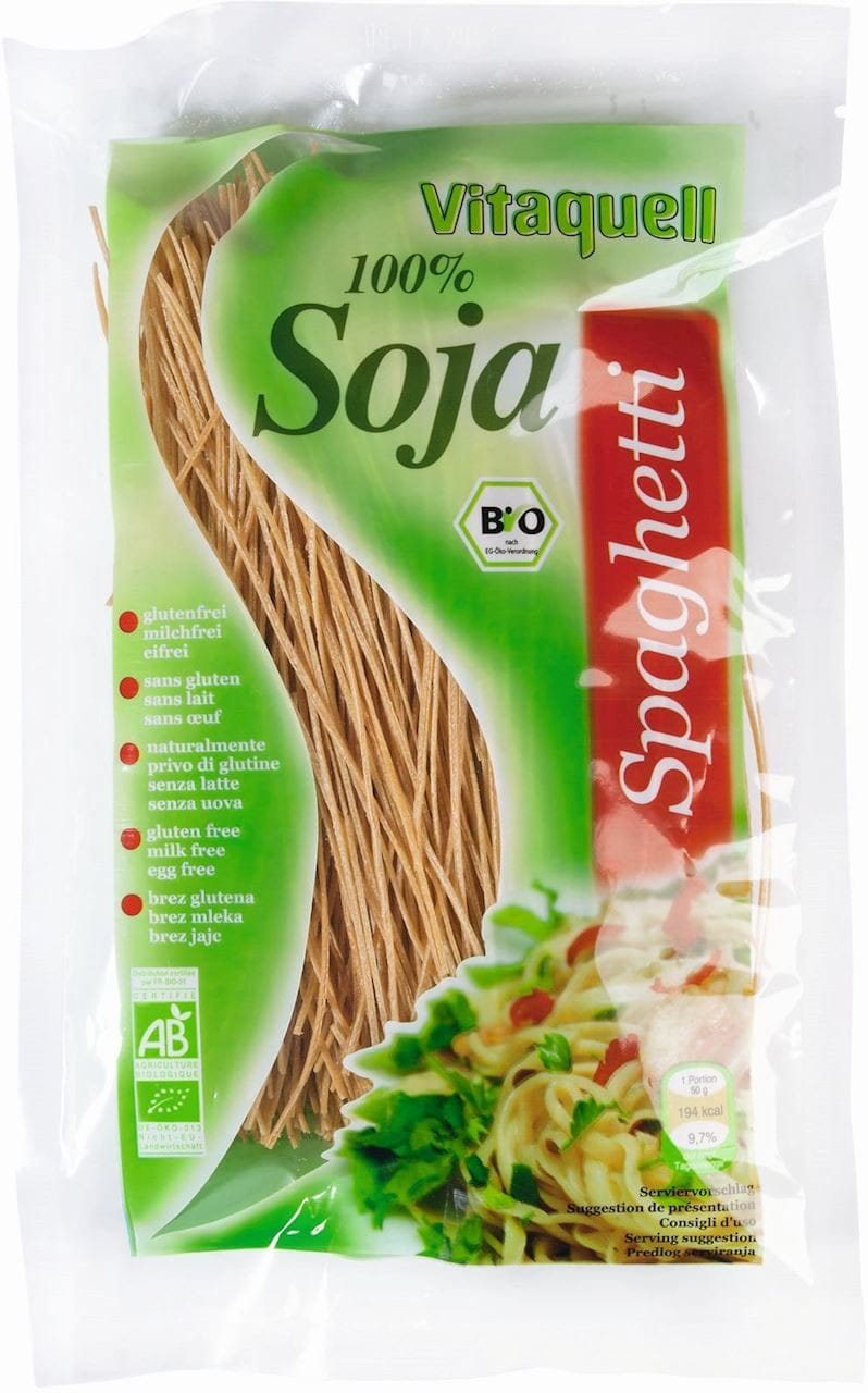 Bio Sojaspaghetti von VITAQUELL, 200 g, rohes, längliches Sojapasta in einer transparenten Verpackung.