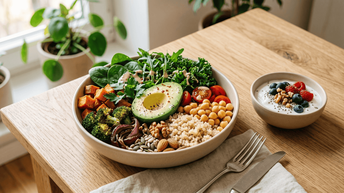 Ausgewogene Bowl mit Gemüse, Kichererbsen, Quinoa, Avocado und Samen für einen stabilen Blutzucker.