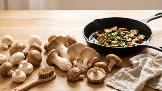 Frische Champignons, Kräuterseitlinge, Austernpilze und Shiitake neben einer Pfanne mit gebratenen Pilzen