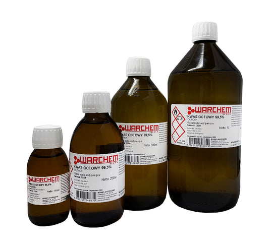 Rein Essigsäure 99,5 % in 100 ml Flasche von WARCHEM, klare Flüssigkeit, chemische Substanz für Labor und industrielle Anwendungen.