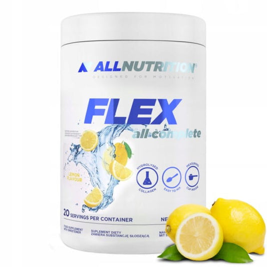 Allnutrition Flex All Complete Zitronenpulver in 400 g Dose, zeigt Zitronenpulver mit frischer Zitrone und Verpackung.