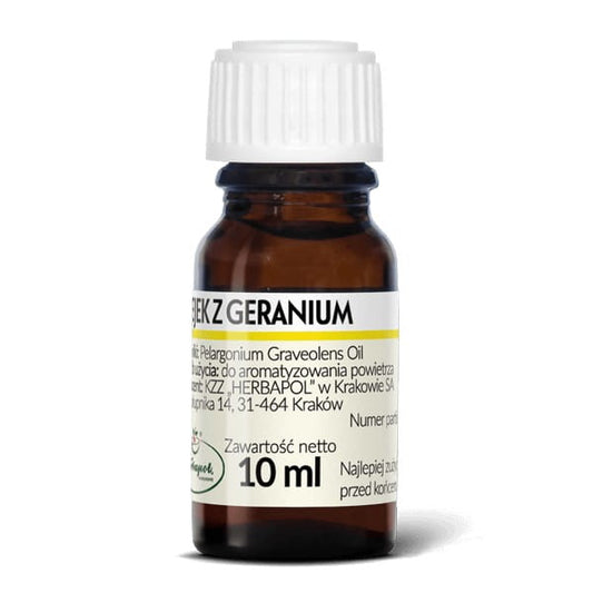 Flasche mit 10 ml Herbapol Geranienöl, ätherisches Öl in einer transparenten Flasche mit orangefarbener Beschriftung.