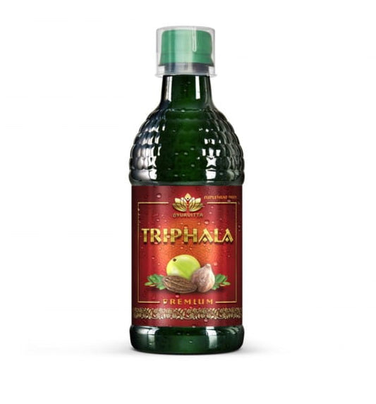 Ayurvitta Triphala Flüssigkeit 1L, natürlicher Verdauungshilfer, zeigt die Flasche mit grünem Etikett und Triphala-Ingredienzien.