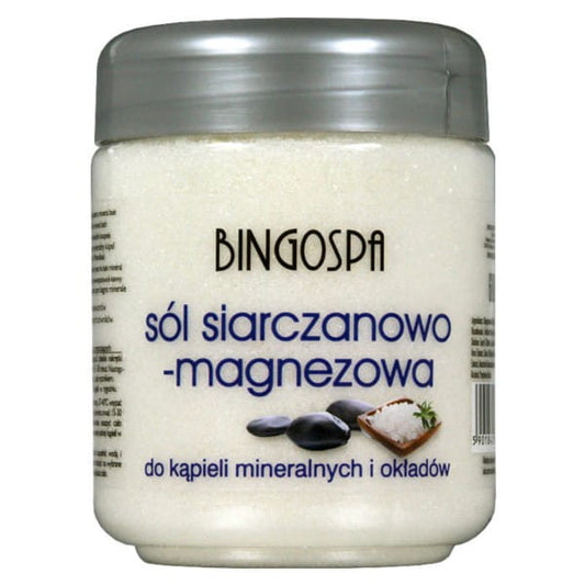 Magnesium-Sulfat-Salz von BINGO SPA in 600 g Packung, entspannendes Badewasser mit Magnesiumsulfat, Nahaufnahme der Verpackung