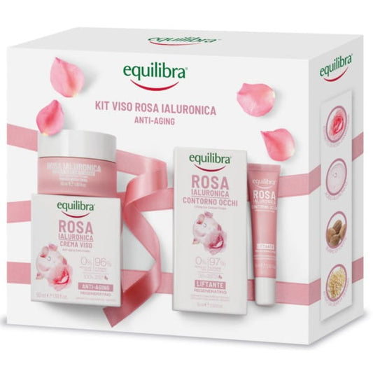 Equilibra Rose Gesichtsbehandlung Kit mit natürlichen Pflegeprodukten, inklusive Rosenextrakt und Reinigungsaccessoires.