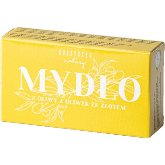 Goldene Olivenölseife von KOSZYCZEK NATURY, 100 g, mit natürlicher Olivenöl-Form und goldfarbenen Details sichtbar.