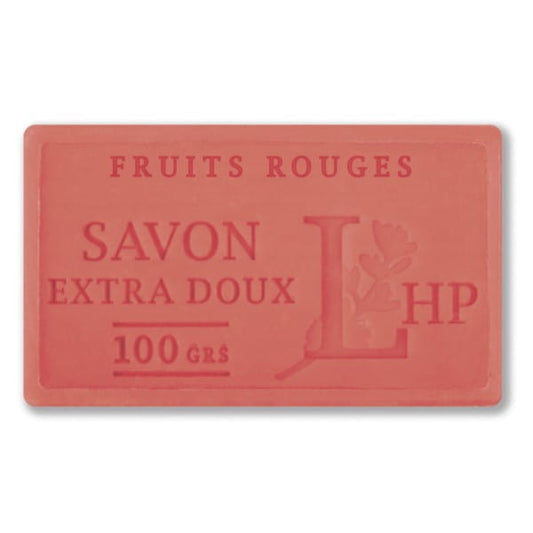 Rote Fruchtseife von MYDŁO MARSYLSKIE LHP in 100 g mit roter Frucht-Design, sichtbare Seifenform und Verpackung
