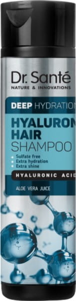 Dr. Sante Hyaluron Haarshampoo 250 ml, flüssiges Shampoo in einer weißen Flasche mit blauer Kappe, sichtbarer Produktbeschreibung auf der Verpackung