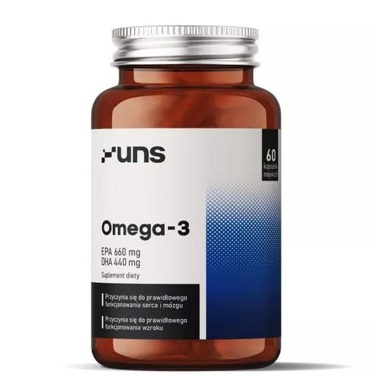 UNS Omega 3 60 K Flasche mit Omega-3-Kapseln, Nahaufnahme der Verpackung und Produktbeschreibung