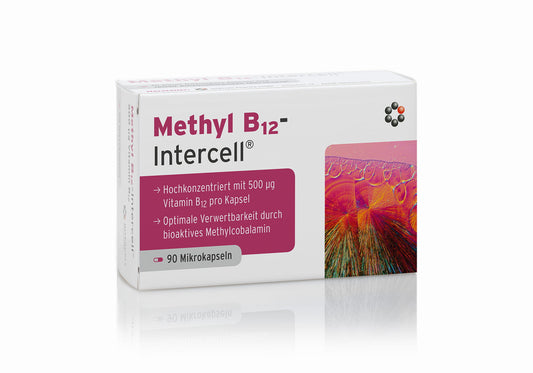 Vitamin Methyl B12 Intercell Pharma, 90 Kapseln, Nahaufnahme der Verpackung mit Kapseln und Produktbeschreibung