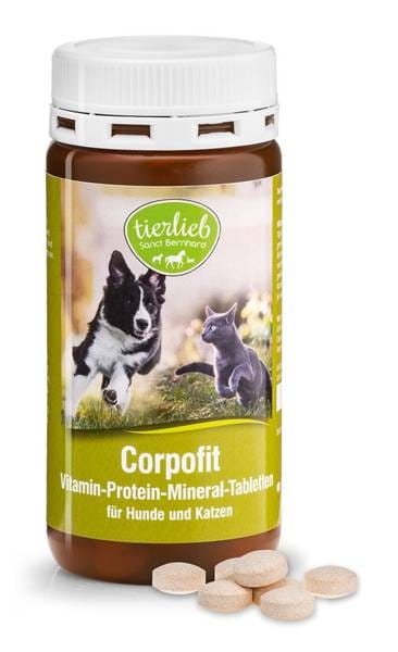 Tierlieb Corpofit Vitalität für Hunde und Katzen, 150 Tabletten, Nahaufnahme der Verpackung und Tabletten.