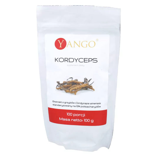 YANGO Cordyceps-Extrakt in Pulverform, 100 g, mit 10 % Polysaccharide, sichtbares Produktbild in Beutel