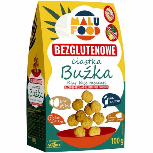 Bunte glutenfreie Smileykekse ohne Zucker in 100g MALU FOOD Verpackung, fröhliche Süßigkeit für Kinder