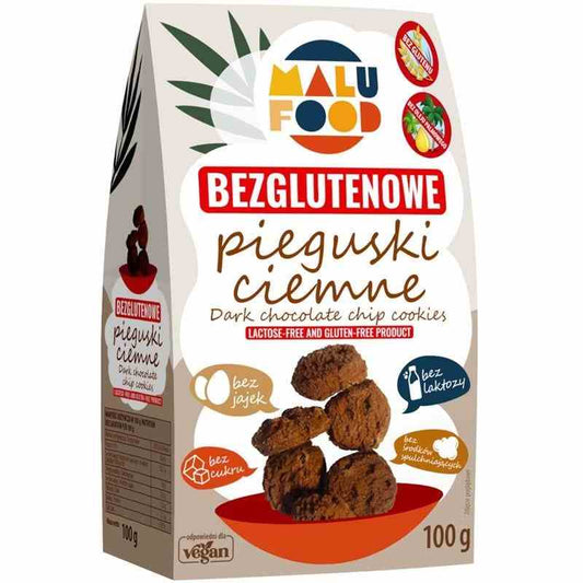 Dunkle zuckerfreie, glutenfreie Kekse von MALU Food, 100 g, mit knuspriger Textur und dunklem Aussehen.
