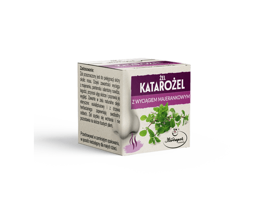 Catarogel Gel mit Majoran-Extrakt in 15g Dose, von Herbapol, angezeigt in einer offenen Tube mit Majoran-Extrakt.