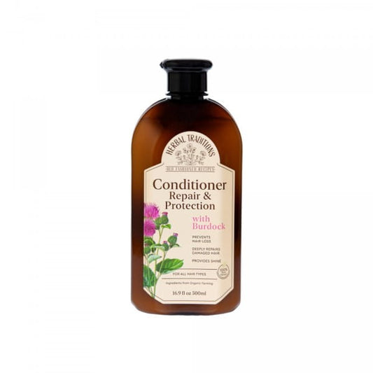 HERBAL TRADITIONS Haarspülung mit Klette, 500 ml Flasche, natürliche Haarpflege, sichtbar gelbe Verpackung und Spülung in der Flasche