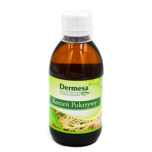 Dermesa Brennnesselwurzel in 250 ml Flasche, naturbelassenes pflanzliches Heilmittel, zeigt die Brennnesselwurzel in der Flasche.