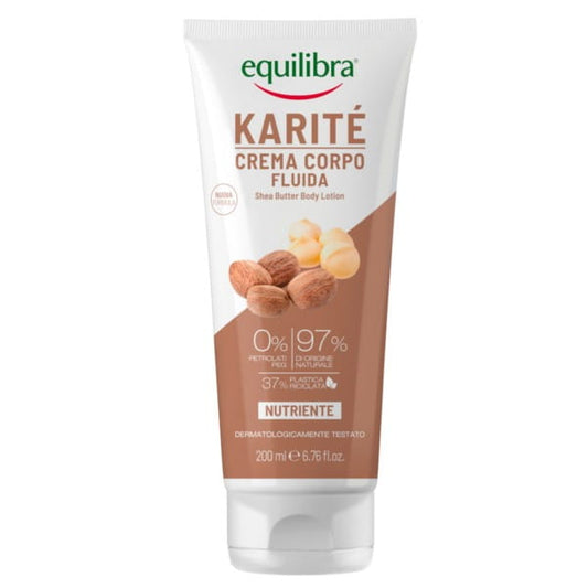 Hautnahe Aufnahme der Equilibra Shea Körperlotion in 200 ml Flasche, cremige Textur und pflegende Inhaltsstoffe sichtbar