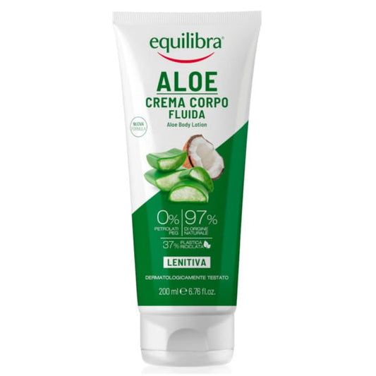 Equilibra Aloe Vera Körperlotion in 200 ml Flasche, zeigt die grüne Lotion mit Aloe Vera auf der Verpackung