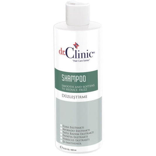 Glättendes Shampoo von DR CLINIC in 400 ml Flasche, zeigt die Verpackung und Produktbeschreibung auf einem weißen Hintergrund