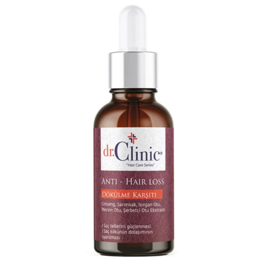 Haarwuchsspray von DR CLINIC, Dr. Clinic Haarausfall Serum in 30 ml Flasche, zeigt das Produkt in einer stilvollen Verpackung