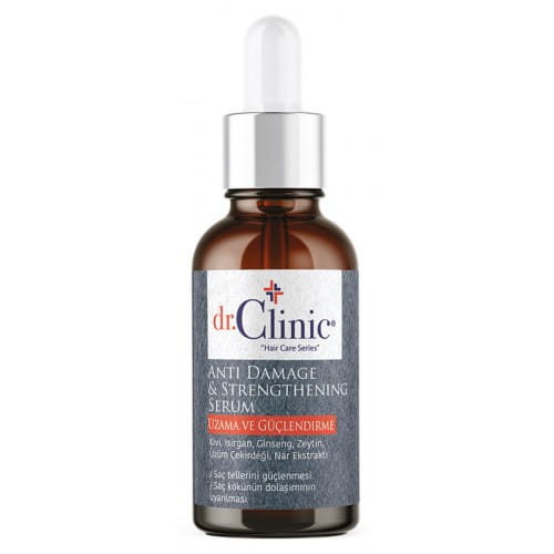 Dr. Clinic Serum für geschädigtes Haar in 30 ml, zeigt die Flasche mit goldener Verpackung und Applikator.