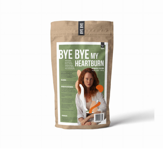 Tasse mit BYE BYE mein Sodbrennen Tee von PERSEA, 100g Packung, Kräutertee gegen Sodbrennen und Reflux.