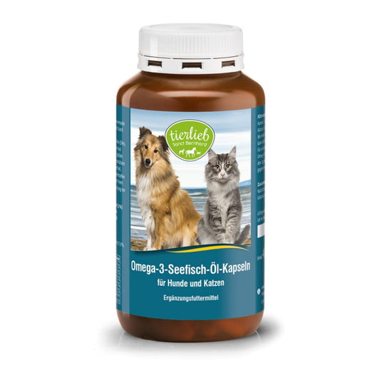 Omega-3-Öl für Hunde und Katzen in 400 Kapseln, Tierlieb, Flasche mit Kapseln und tierfreundlichem Design