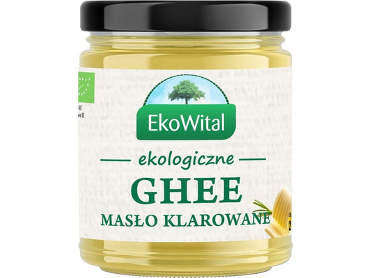 Geklärte Bio-Butter Ghee von EKOWITAL, 250 g, in einem Glas mit goldener Farbe und cremiger Konsistenz sichtbar.
